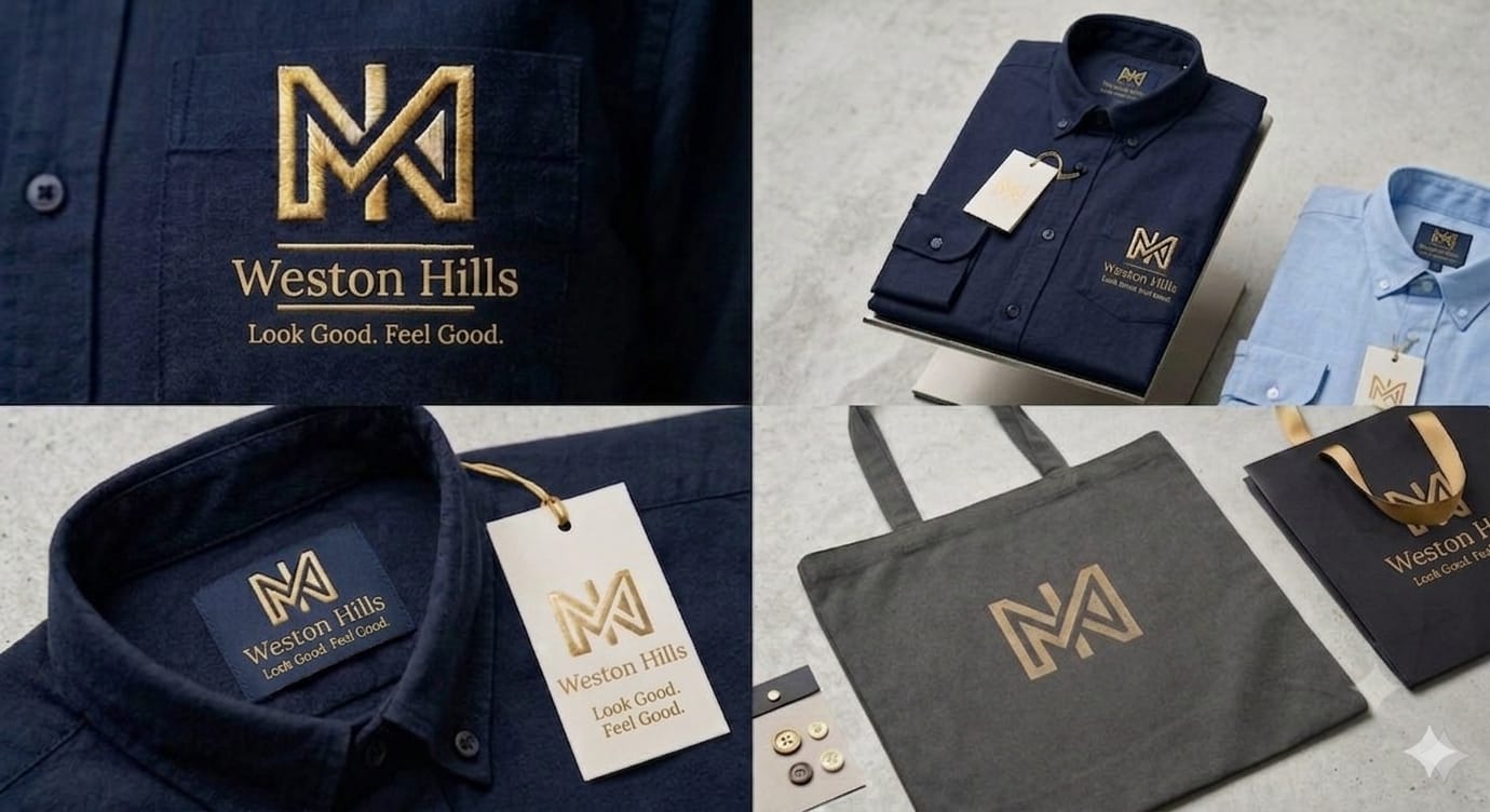 Weston Hills shirt branding, labels and premium packaging